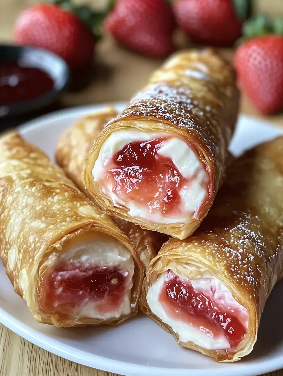 Une assiette de bouchées roulées garnies de crème et de confiture de fraises, saupoudrées de sucre glace, des fraises fraîches et un bol de coulis en arrière-plan.