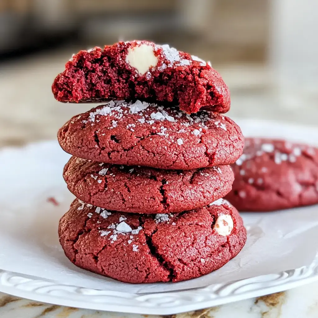 Trois biscuits rouges moelleux saupoudrés de sel, celui du dessus cassé laisse voir un cœur chocolat blanc fondant.