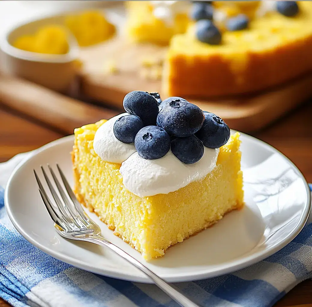 Une part de gâteau jaune garnie de crème fouettée et de myrtilles fraîches, servie sur une assiette blanche posée sur une nappe à carreaux bleus et blancs.
