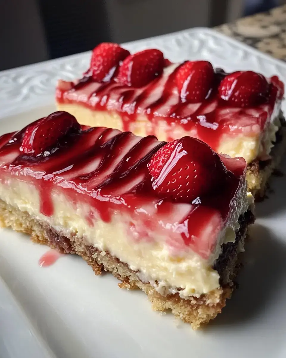 Gros plan de deux parts de gâteau au fromage garni de coulis de fraises et de fraises fraîches sur une assiette blanche.