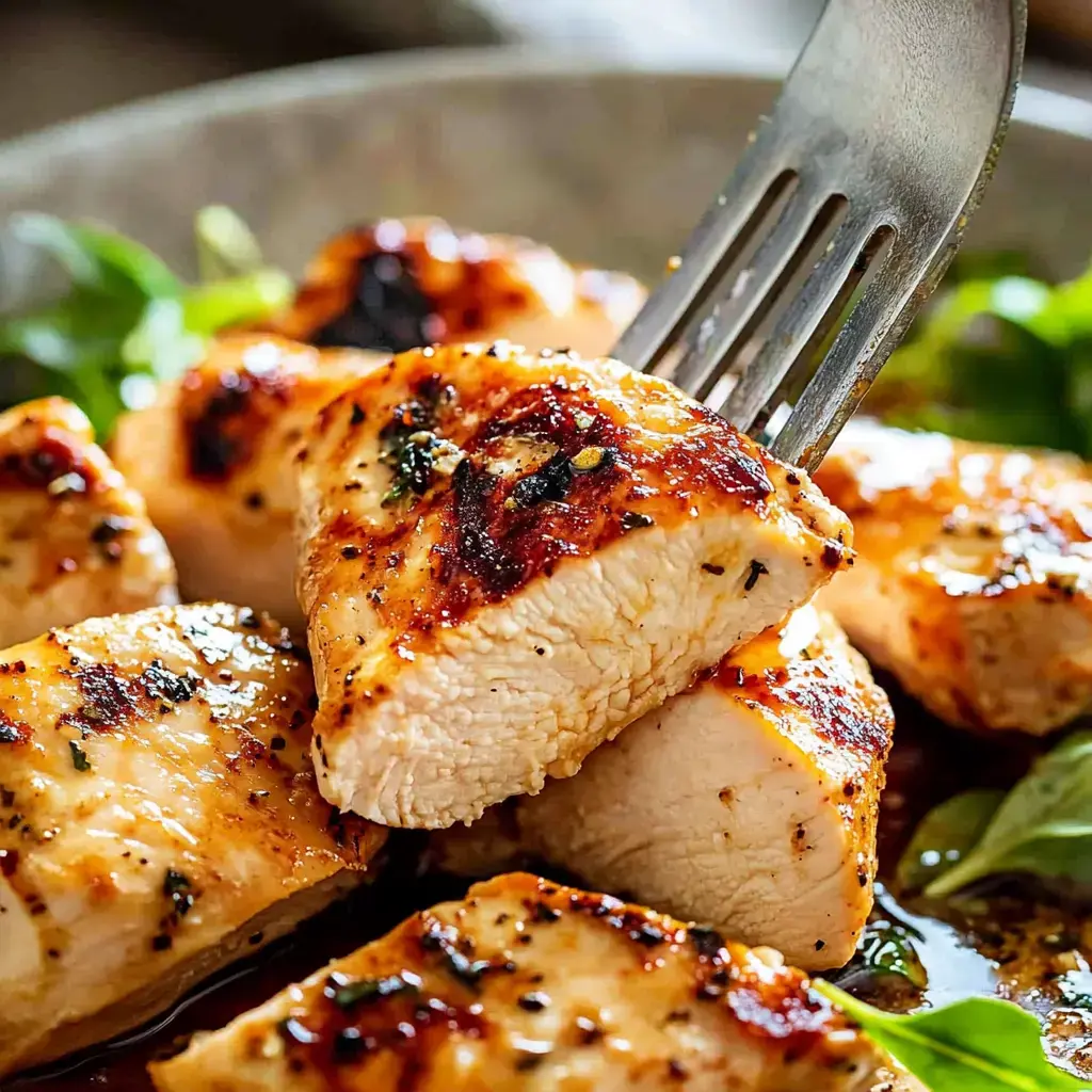 Un gros plan de morceaux de poulet tendres et grillés garnis d'herbes, avec une fourchette perçant l'un des morceaux.