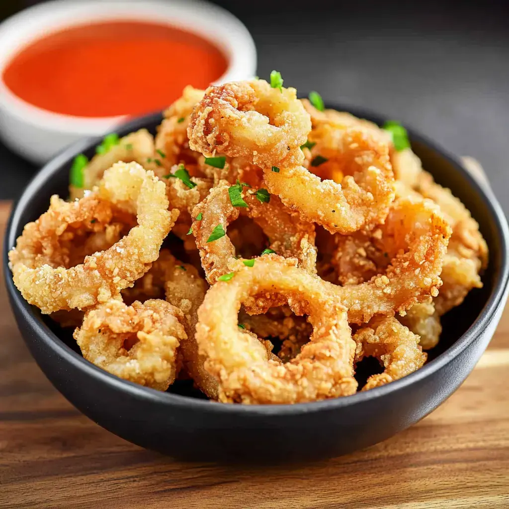 Un bol noir rempli d'anneaux de calamars frits croustillants, garni de persil haché, à côté d'un petit plat de sauce pour tremper.