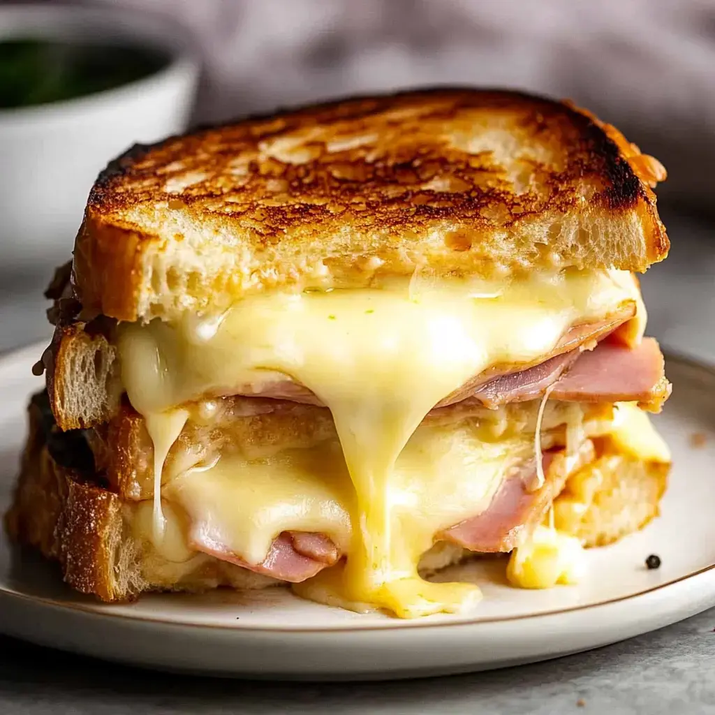 Un sandwich doré avec du fromage fondu et du jambon, servi sur une assiette.