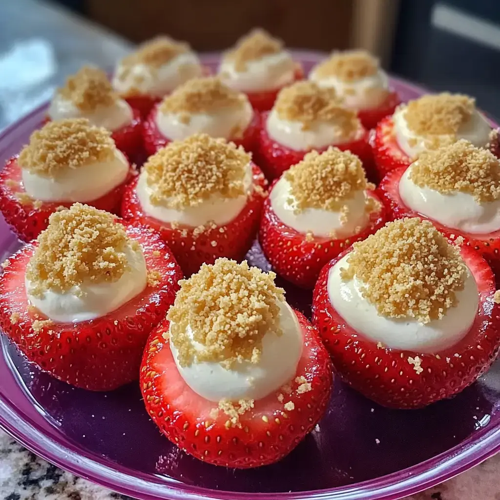 Assiette de fraises coupées garnies de crème onctueuse et d'éclats dorés.