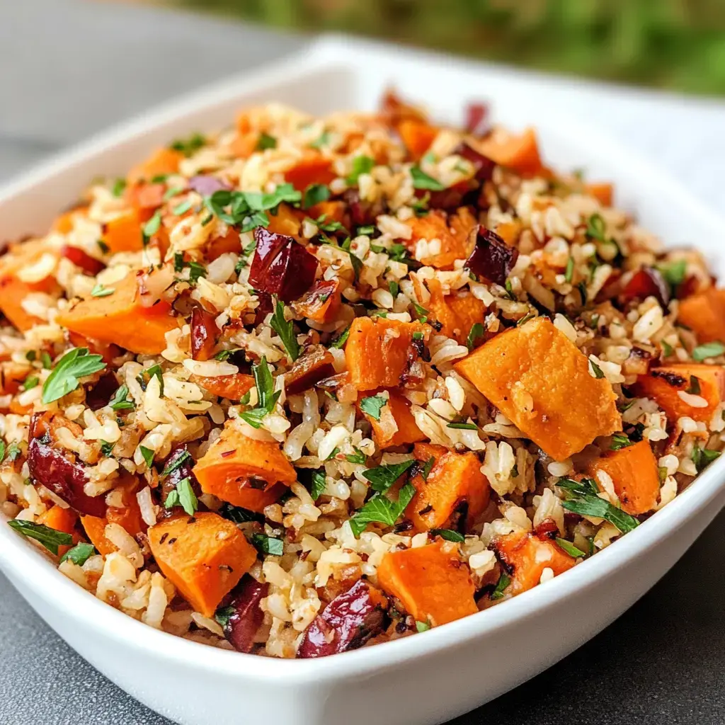 Gros plan sur un bol blanc garni de riz brun, cubes de patate douce et herbes fraîches.