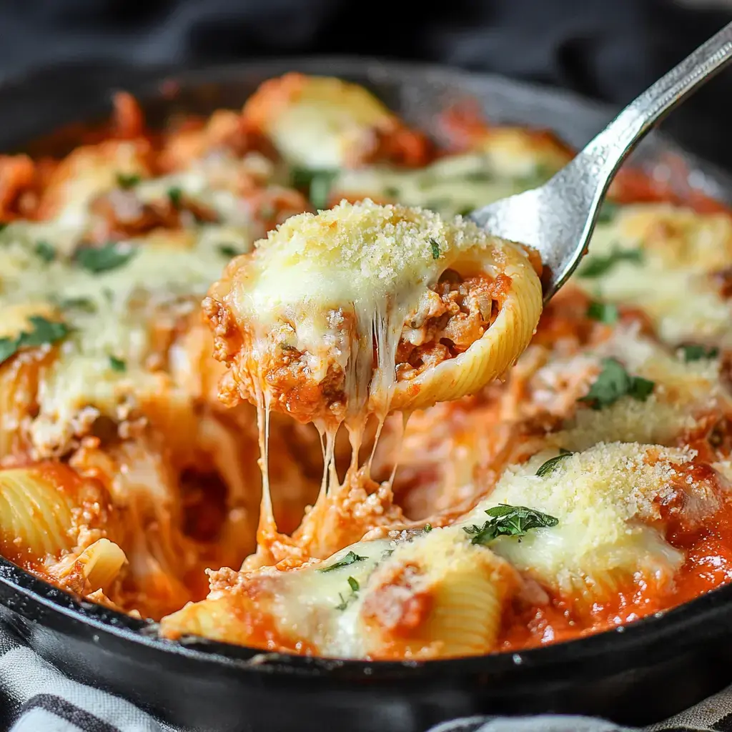 Une fourchette soulève une coquille de pâte farcie au fromage d'une poêle remplie de sauce marinara et de fromage fondu, garnie d'herbes.