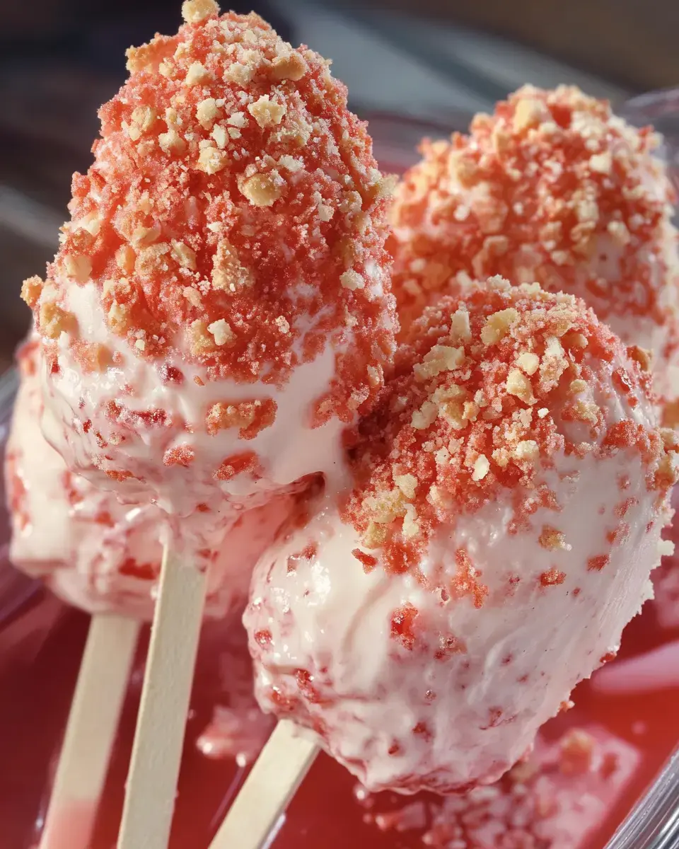 Trois friandises glacées sur bâtonnet, enrobées de miettes colorées, reposent dans un coulis rouge.
