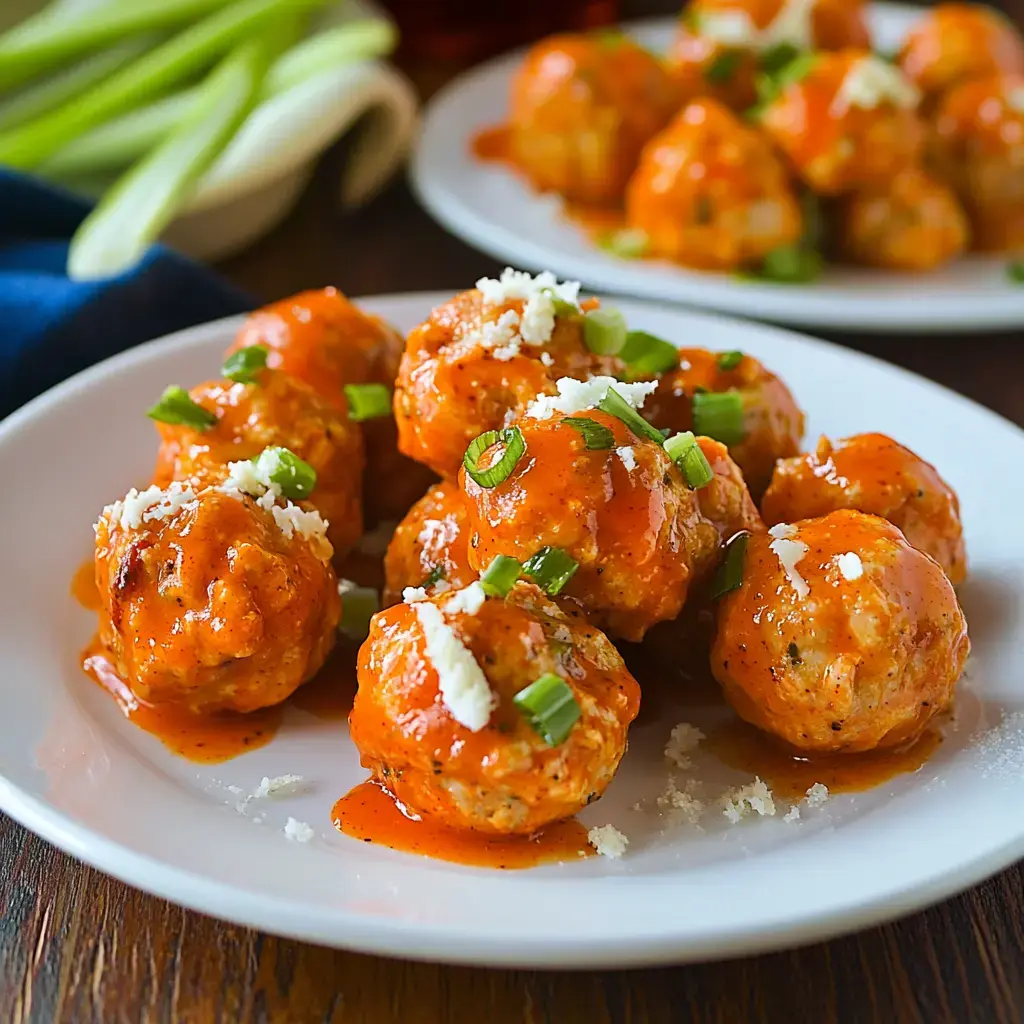 Une assiette de boulettes de poulet nappées de sauce piquante, garnies d'oignons verts et de fromage feta, avec une seconde assiette de boulettes en arrière-plan.