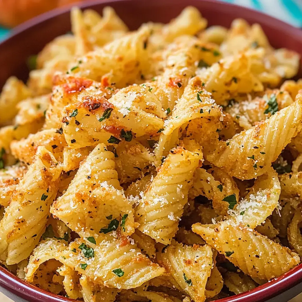 Zoom sur un bol rempli de pâtes dorées avec des herbes et du fromage râpé.