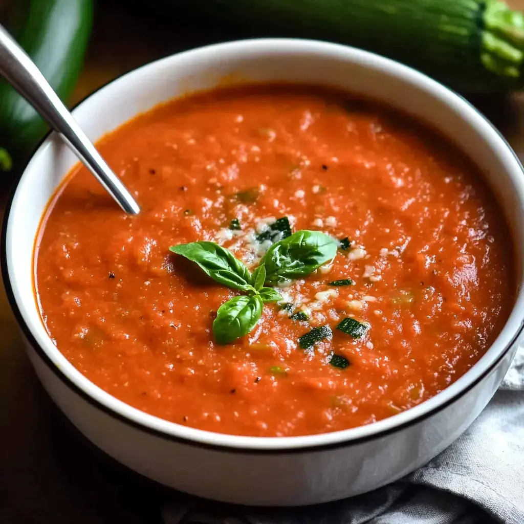 Un bol de soupe rouge garnie de feuilles de basilic frais posé sur une surface en bois, accompagné de courgettes en arrière-plan.