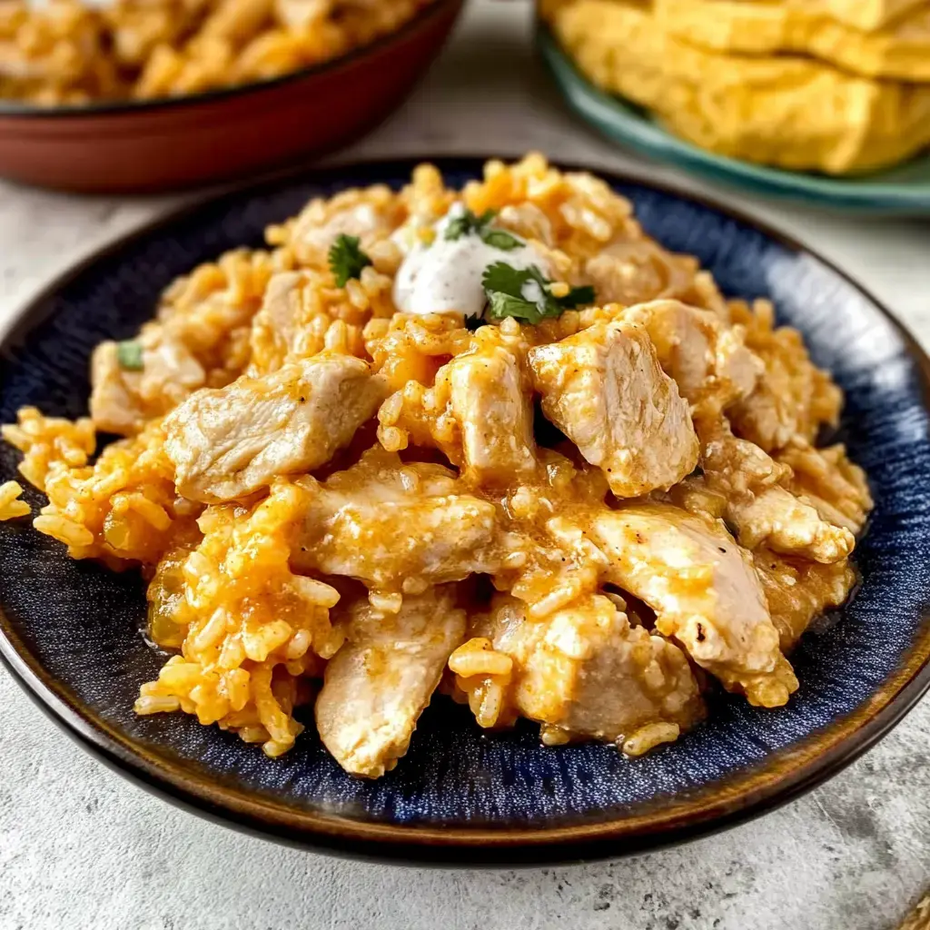 Une assiette servie de poulet crémeux et riz, garnie de coriandre et d'une noisette de sauce, avec un arrière-plan flou d'autres plats.