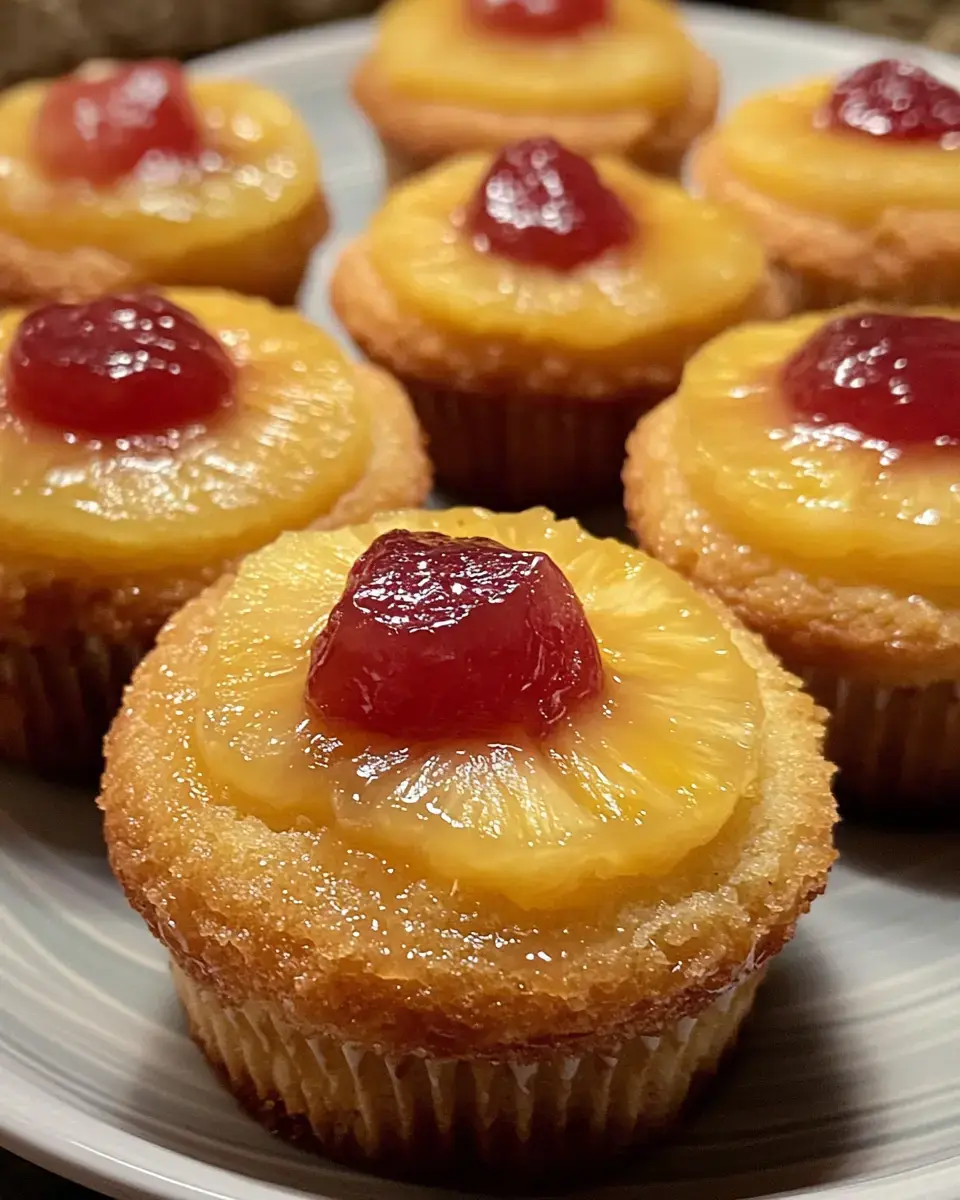 Assiette de cupcakes dorés avec rondelles d’ananas et cerises rouges dessus.