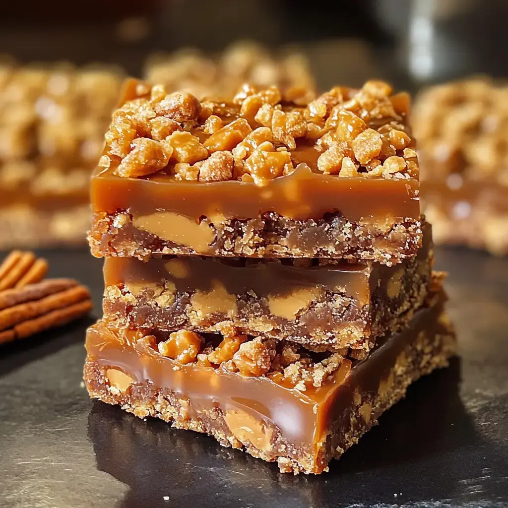 Trois barres empilées caramel chocolat garnies de miettes craquantes, fond flou de douceurs similaires.