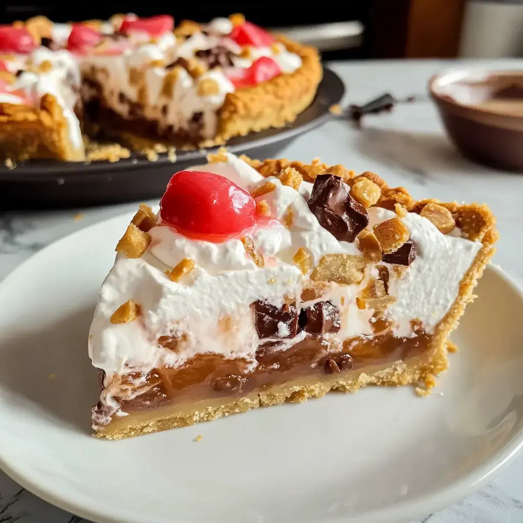 Belle part de tarte fondante, base biscuitée, crème chocolatée, nuage de chantilly, cerises et copeaux choco sur le dessus.