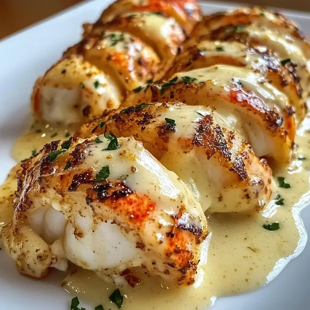 Des queues de homard grillées nappées d’une sauce crémeuse, avec un brin de persil.