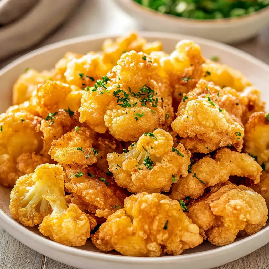 Un gros plan d'une assiette remplie de chou-fleur frit doré et croustillant garni de persil haché.
