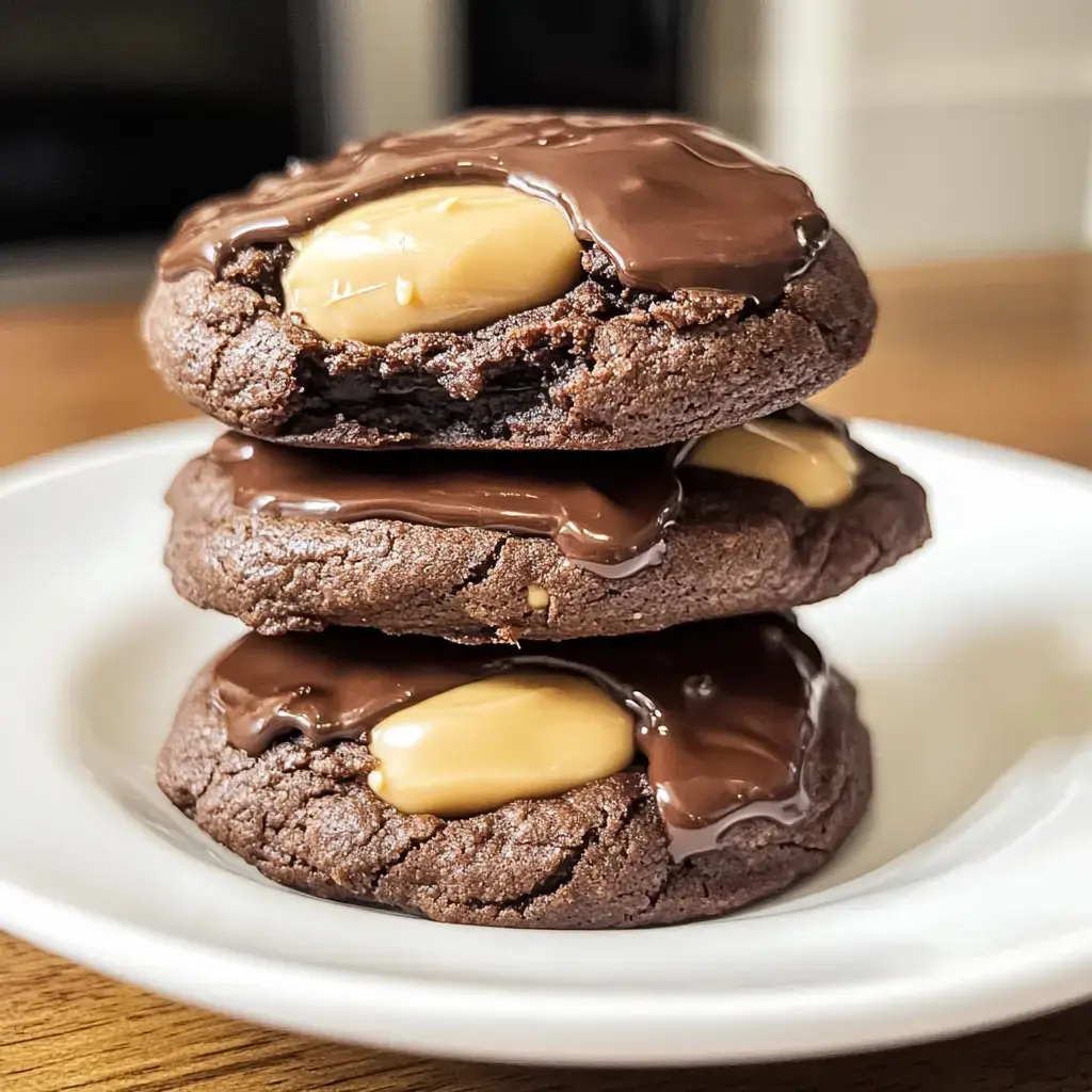 Trois biscuits chocolatés superposés, recouverts d’un nappage chocolat et d’un cœur beurre de cacahuète crémeux, posés sur une assiette blanche.