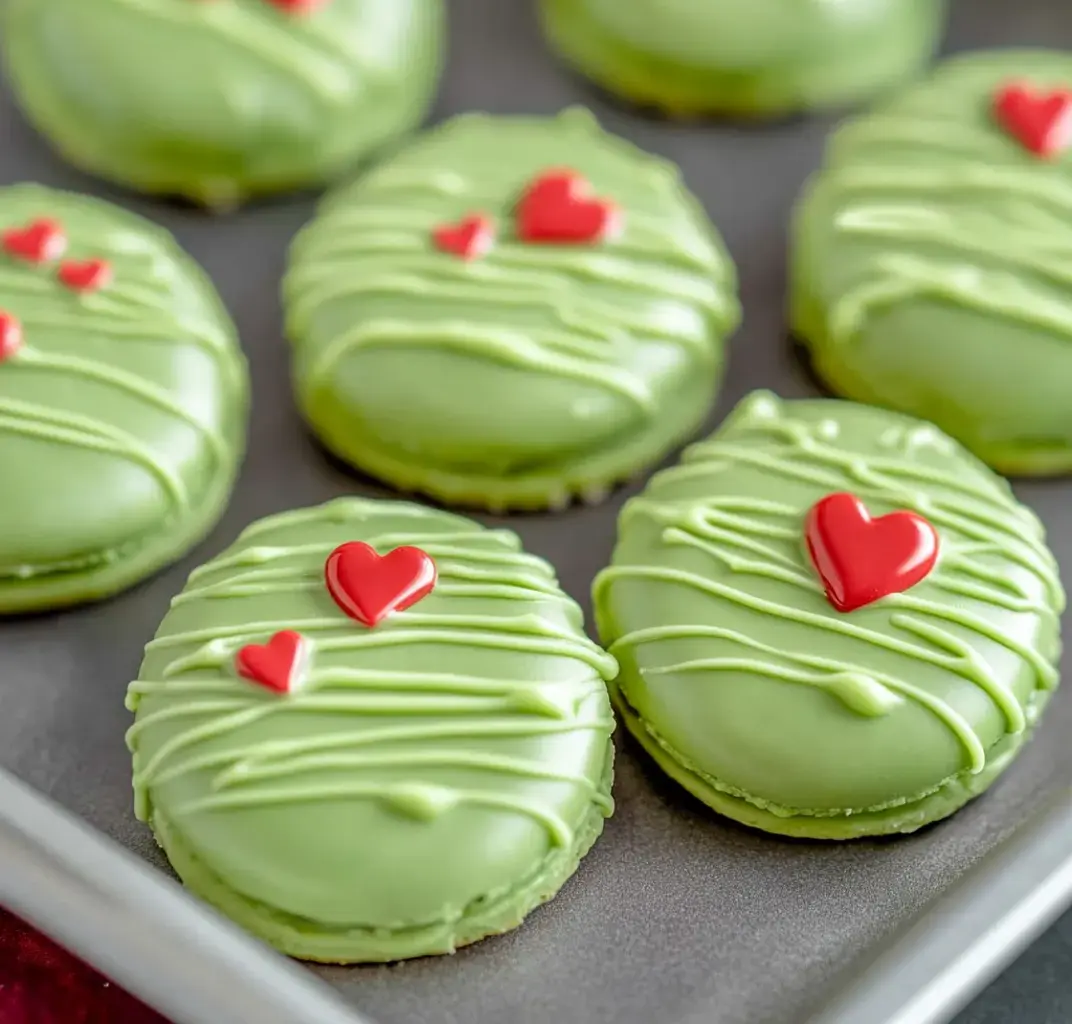 Un plateau de biscuits verts décorés de petits cœurs rouges et de filet vert, créant une ambiance festive.