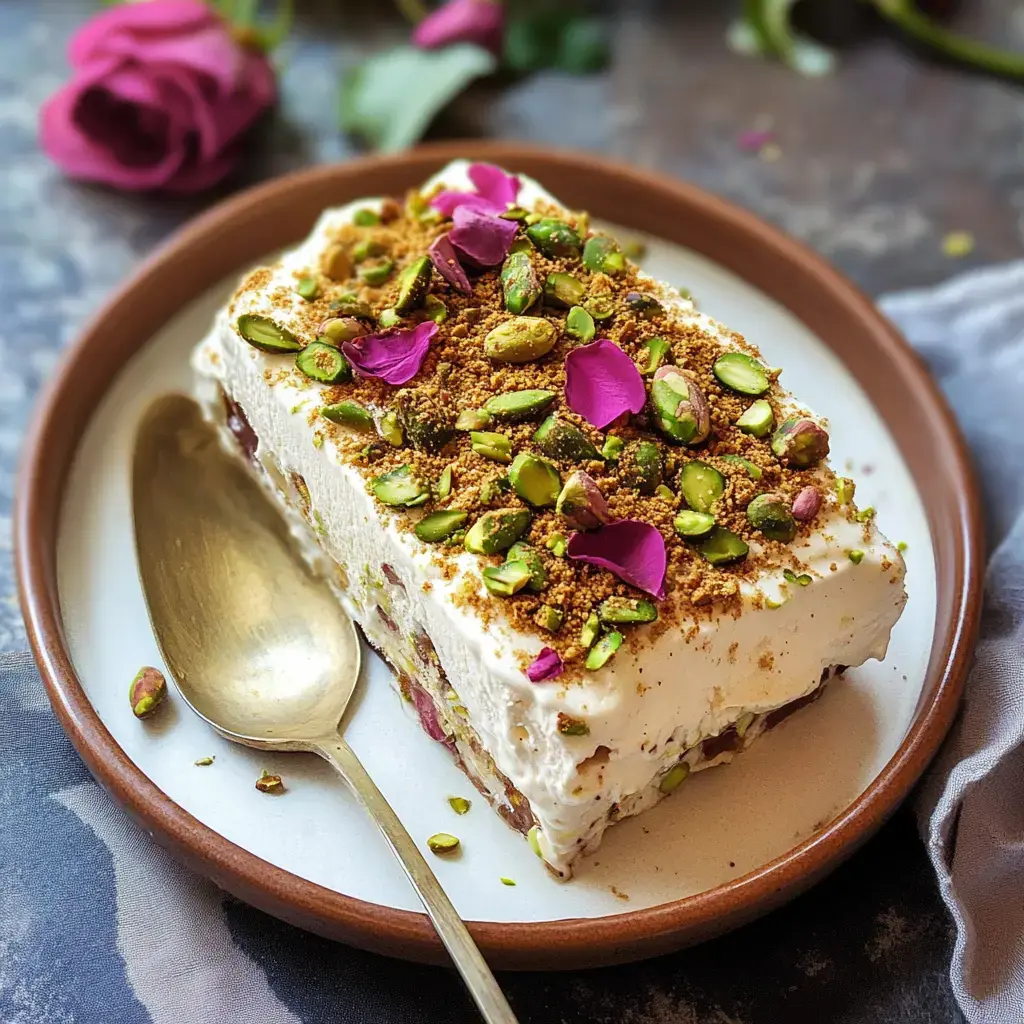 Part de douceur crémeuse rehaussée de pistaches concassées et pétales de rose, servie avec une cuillère argentée.