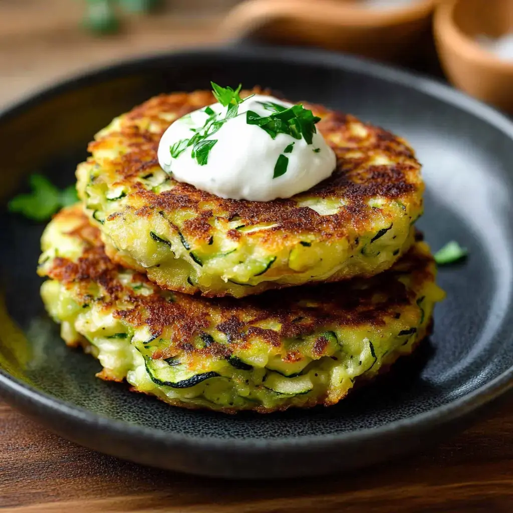 Deux galettes dorées de courgette empilées sur une assiette noire, garnies d'une cuillerée de crème fraîche et de persil frais.