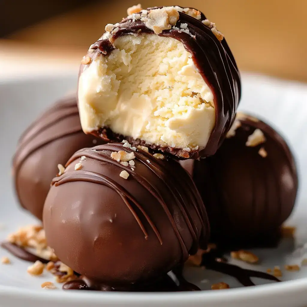 Un gros plan de boules dessert enrobées de chocolat, l'une partiellement croquée révélant un intérieur crémeux, garnie d'éclats de noix.