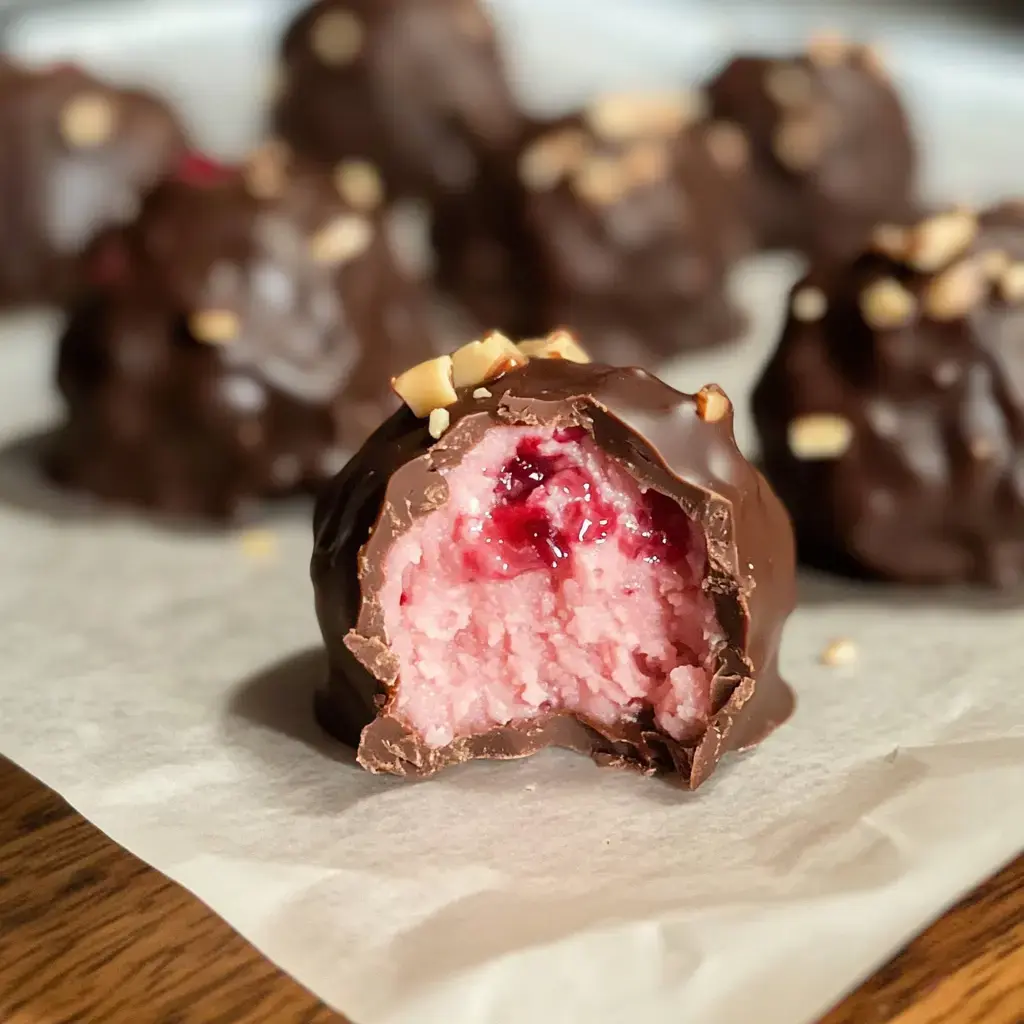 Gros plan sur une confiserie chocolatée entamée révélant une crème rose et de la confiture au centre, entourée d'autres bouchées similaires.