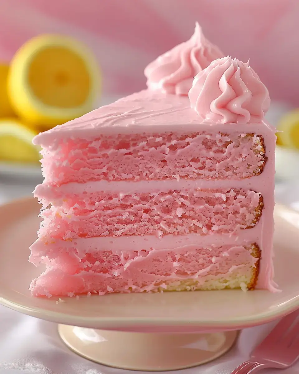 Une part de gâteau rose glacé avec génoise, décorée de crème et des citrons frais en arrière-plan.