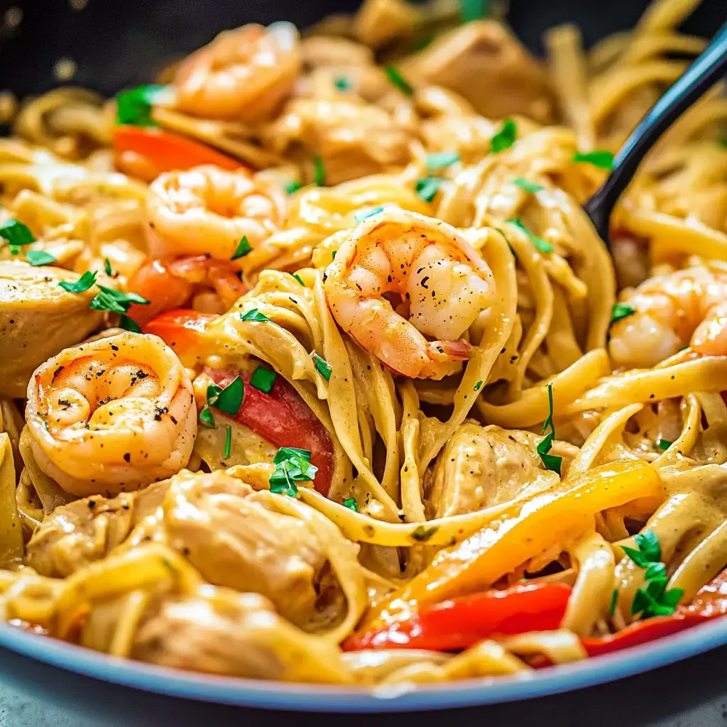 Une vue rapprochée d'un plat de pâtes crémeuses avec des crevettes, du poulet et des poivrons colorés, garni de persil frais.
