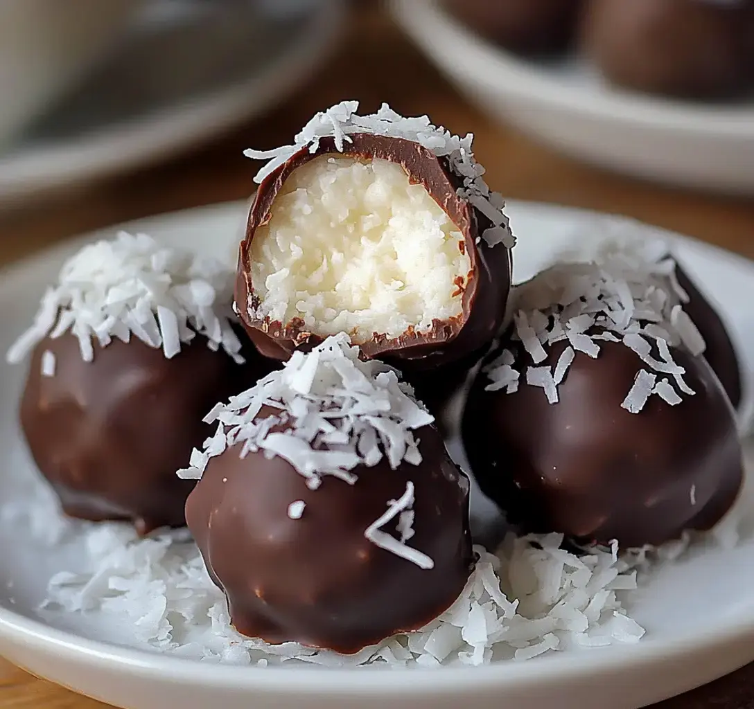 Une assiette de boules coco enrobées de chocolat, dont une coupée pour montrer l’intérieur crémeux, parsemée de coco râpée.