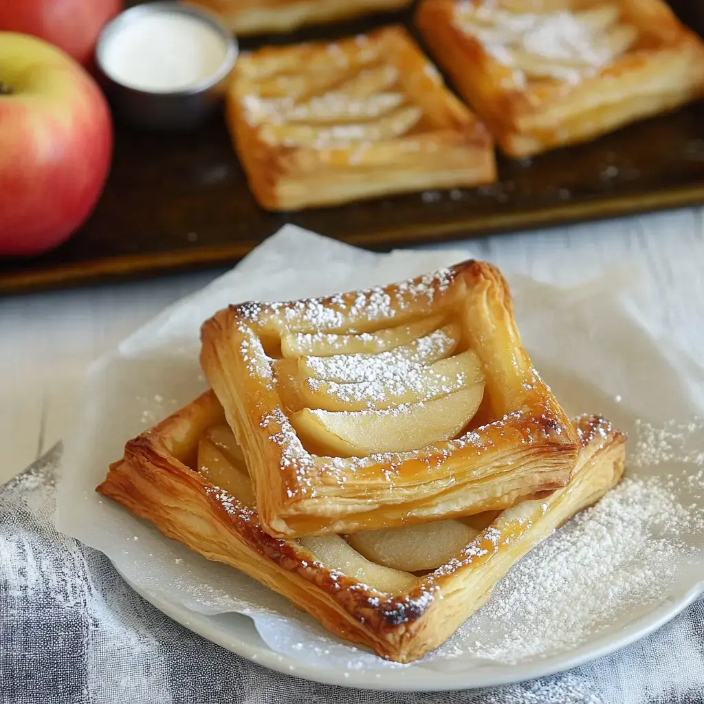 Une assiette garnie de carrés de pâte feuilletée aux tranches de pommes saupoudrés de sucre glace, accompagnés de pommes fraîches et d'un petit bol de crème.