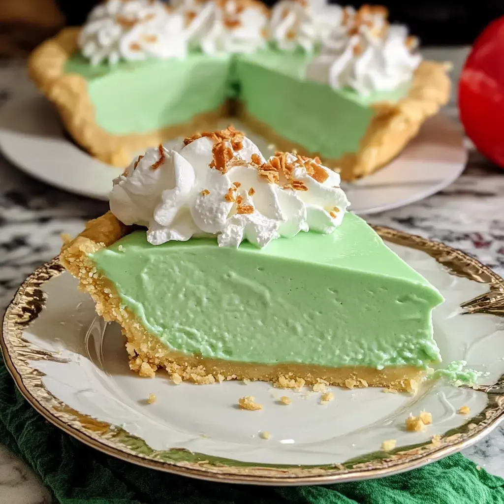 Une part de tarte verte surmontée de crème fouettée et éclats de noix présentée sur une assiette stylée. La tarte entière derrière.