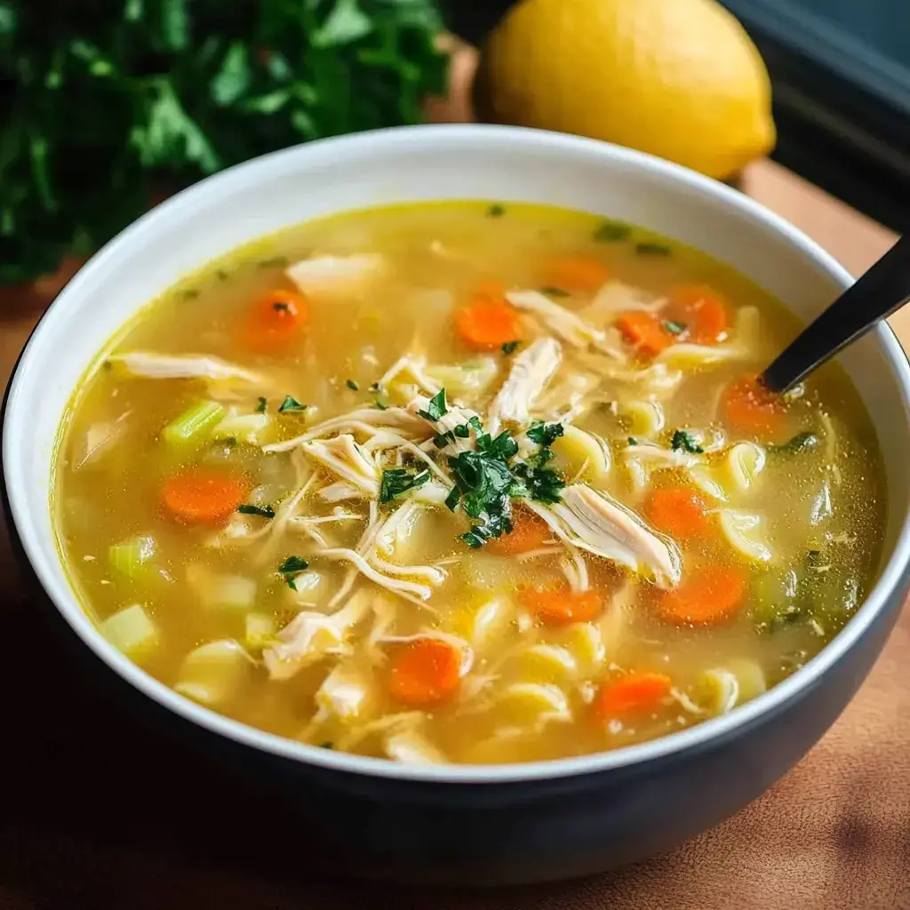 Un bol de soupe généreuse au poulet avec des nouilles, carottes et herbes, accompagné d'un citron.