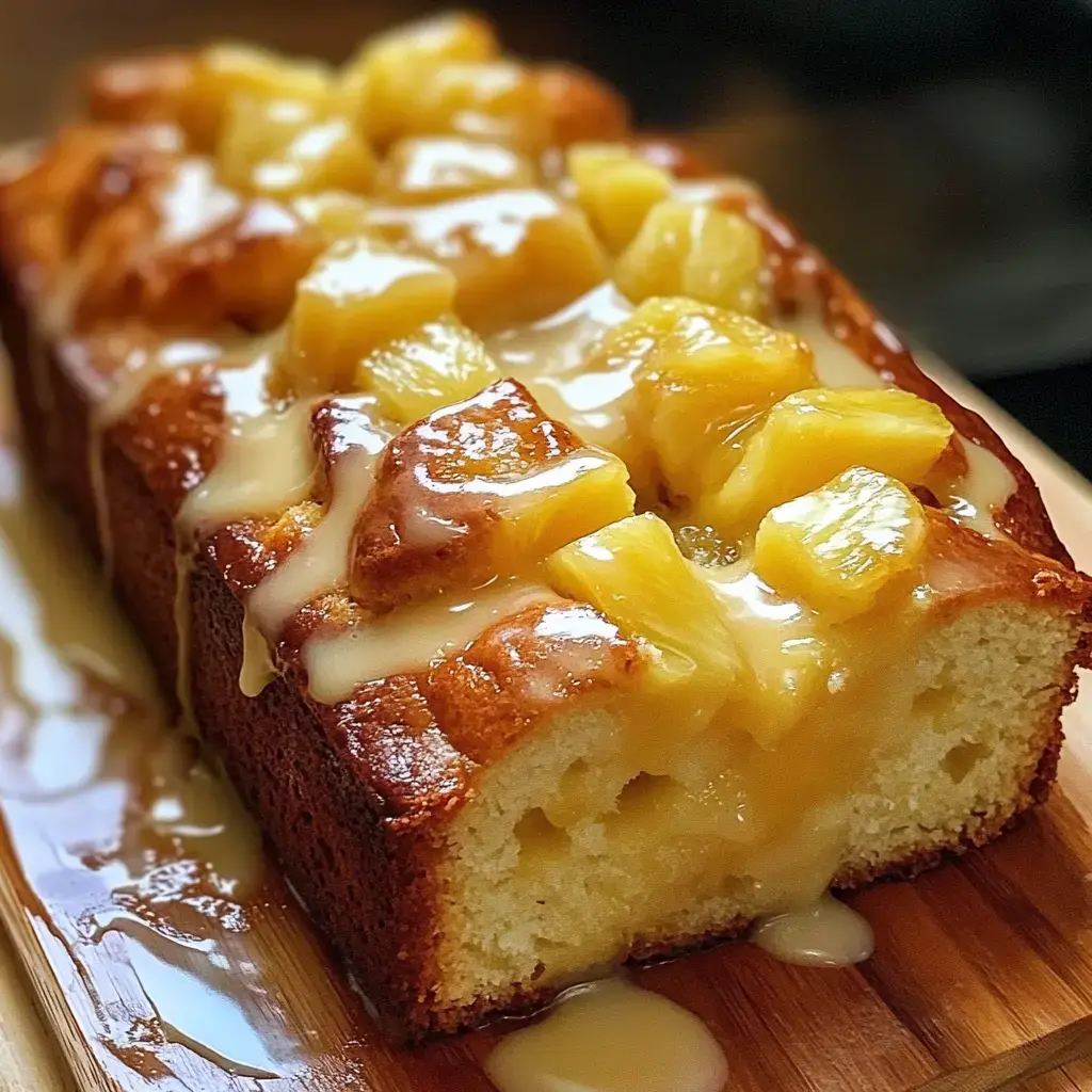 Gâteau fondant décoré morceaux ananas caramélisés et filet crème sucrée.