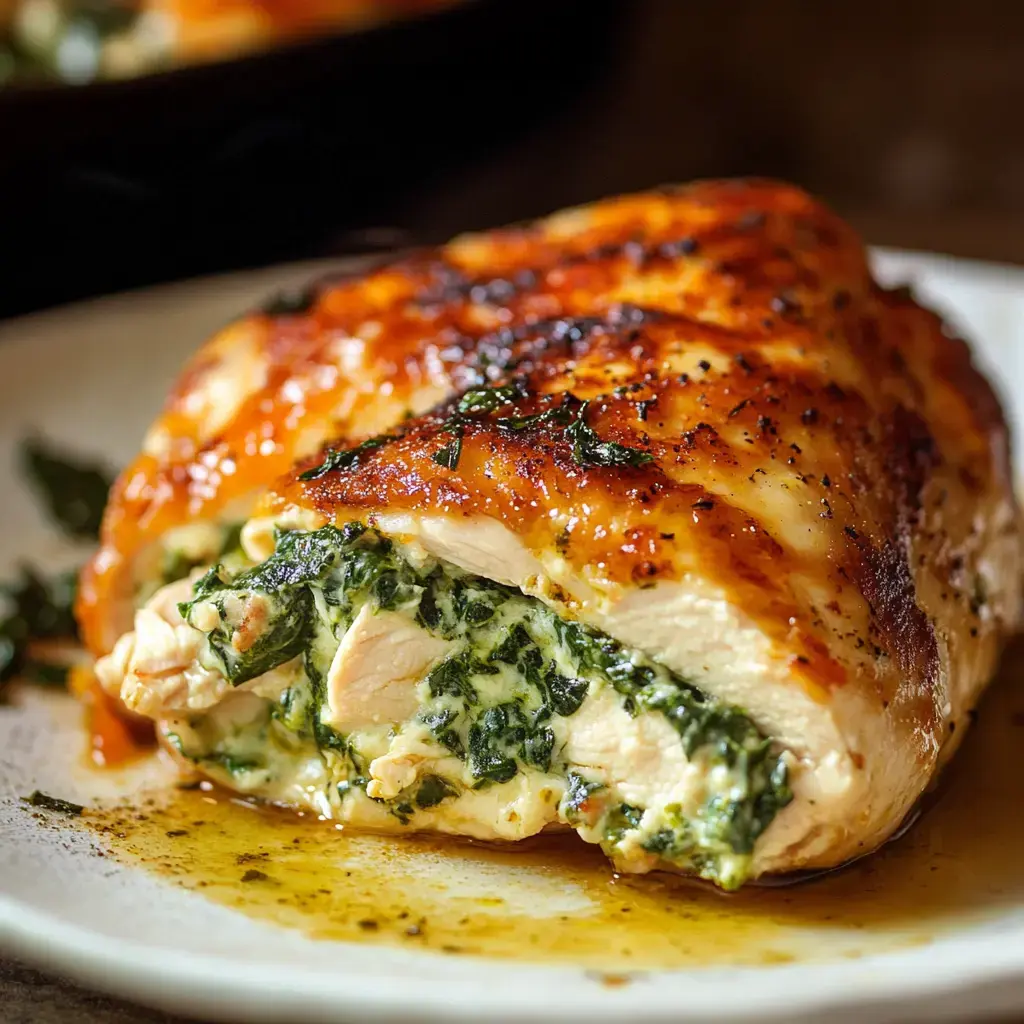 Un gros plan d'une tranche de poitrine de poulet farcie avec des épinards, du fromage et des herbes, posée sur une assiette avec un filet de sauce.