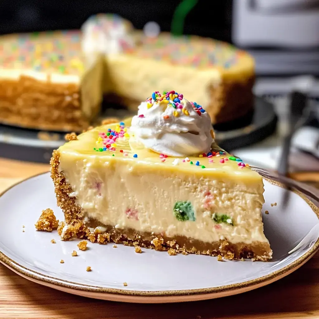 Une part de cheesecake funfetti coloré, crème fouettée et décorations arc-en-ciel sur assiette, le gâteau entier derrière.