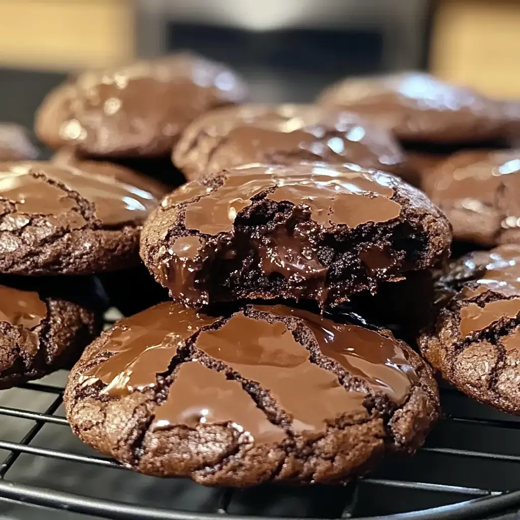 Gros plan de cookies au chocolat tout juste cuits, l’un d’eux croqué laisse couler un cœur chocolaté.