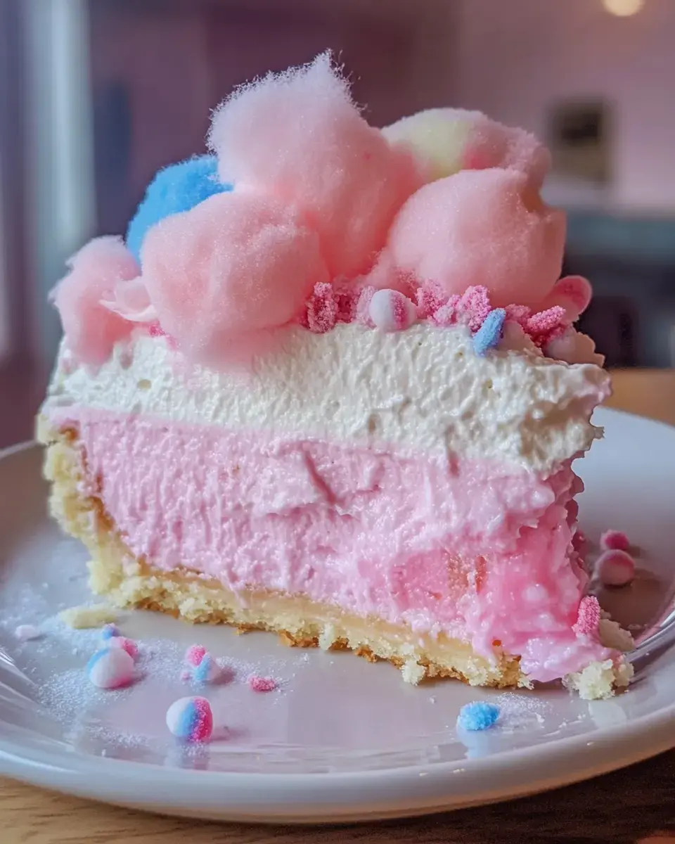 Une part de gâteau coloré en couches, coiffée de barbe à papa et de petits bonbons, posée sur une assiette.