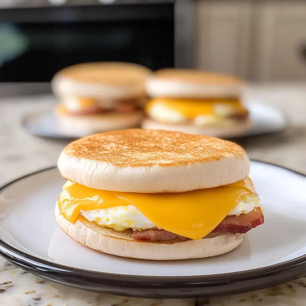 Un muffin anglais grillé garni d'un œuf frit, de bacon et de cheddar fondu présenté sur une assiette, avec d'autres sandwichs en arrière-plan.