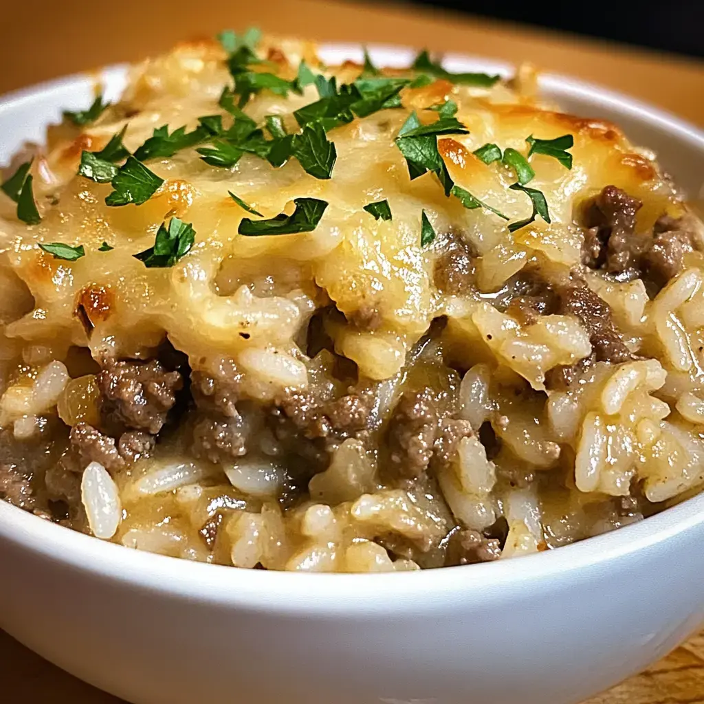 Un gratin crémeux avec boeuf, riz et fromage coulant, quelques brins de persil frais sur le dessus.