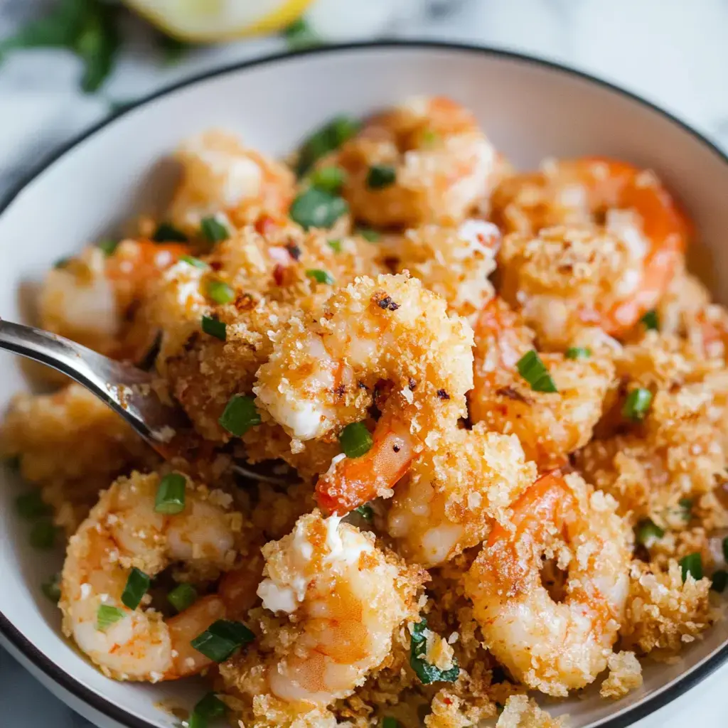 Un gros plan d'un bol rempli de crevettes croustillantes garnies de ciboule et servies avec une fourchette.