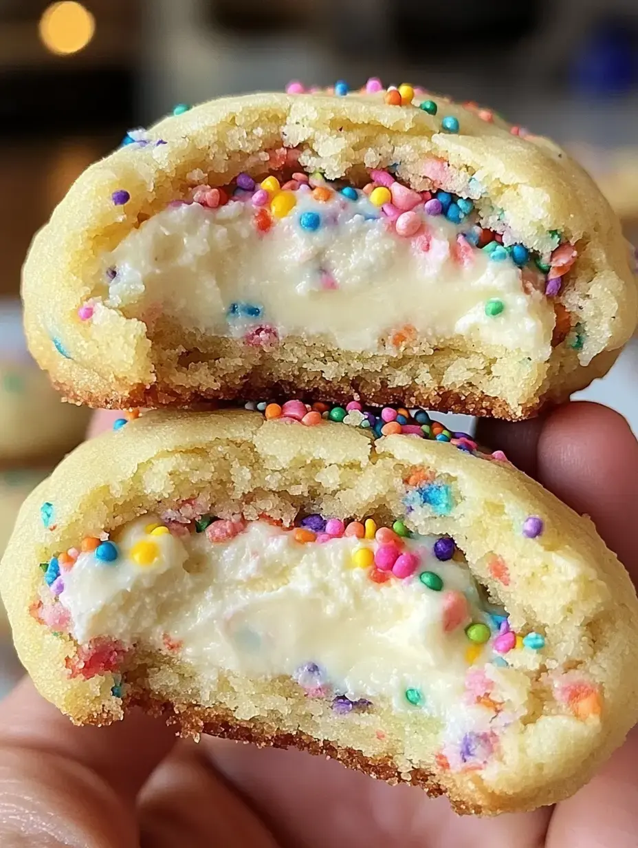 Une main tient un biscuit ouvert révélant un cœur crémeux et des éclats de couleurs.