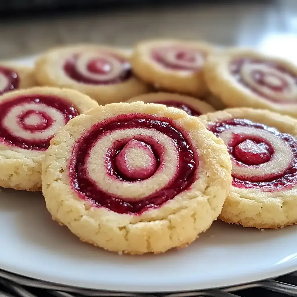 Zoom sur des sablés ronds à spirale de confiture posés sur une assiette blanche.