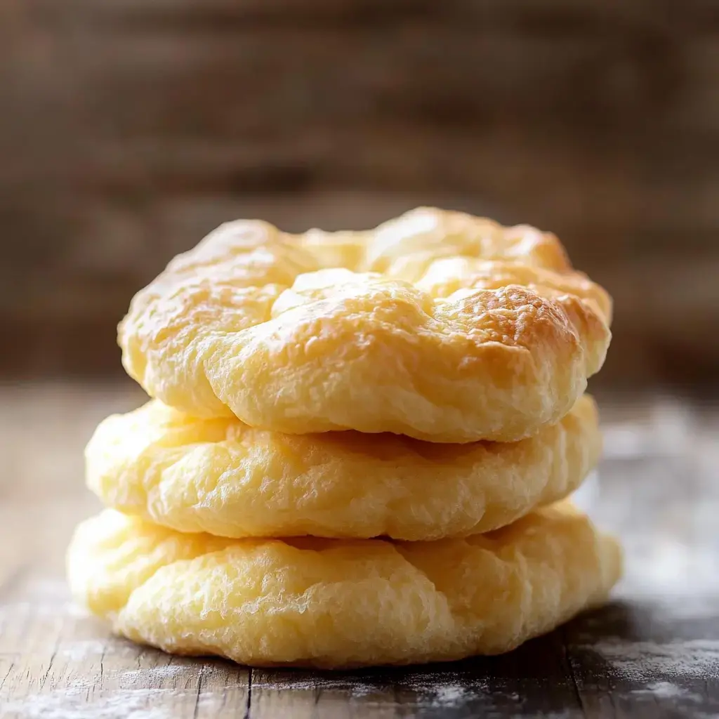 Un empilement de trois petits pains dorés et moelleux posés sur une surface en bois.