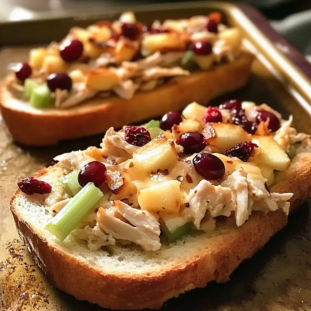Deux tartines grillées recouvertes de poulet effiloché, pommes, céleri et canneberges.