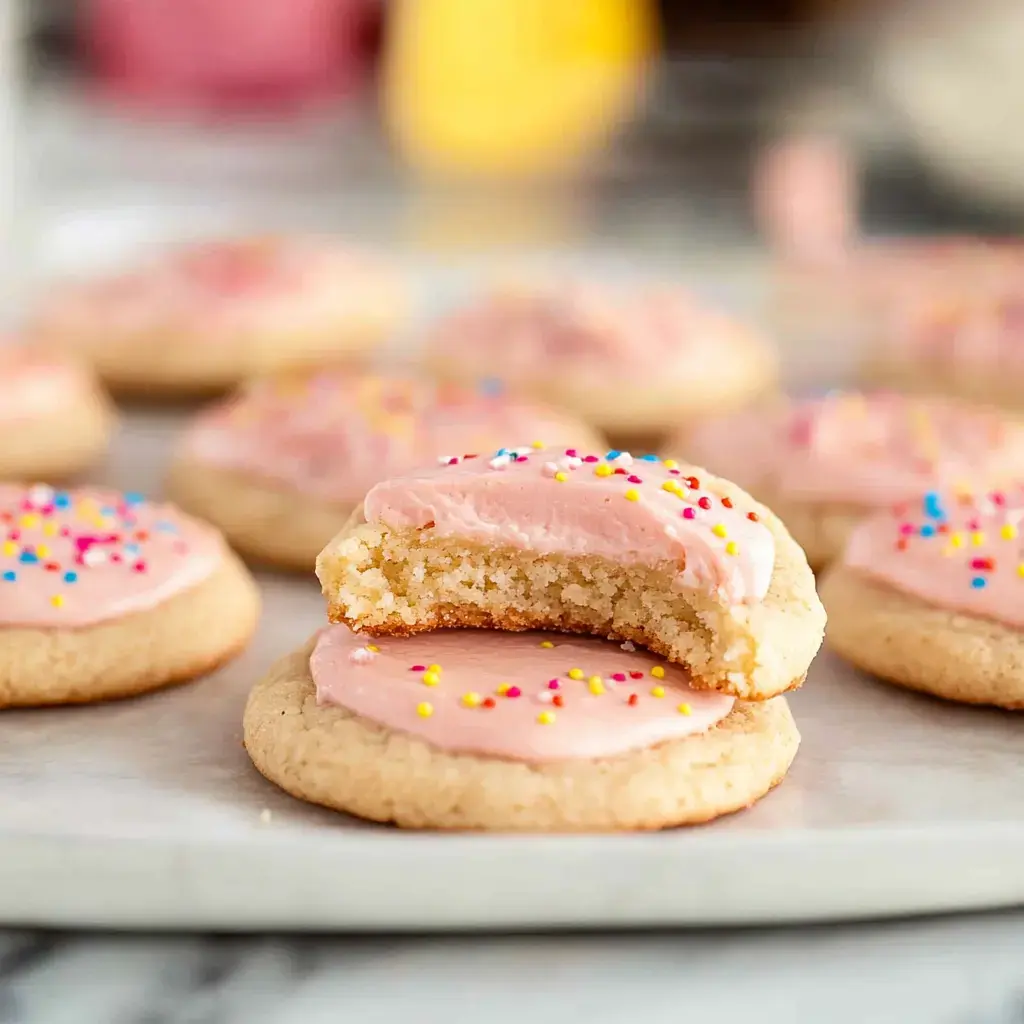 Un gros plan de biscuits glacés avec des vermicelles colorés, montrant un biscuit avec une bouchée prise.