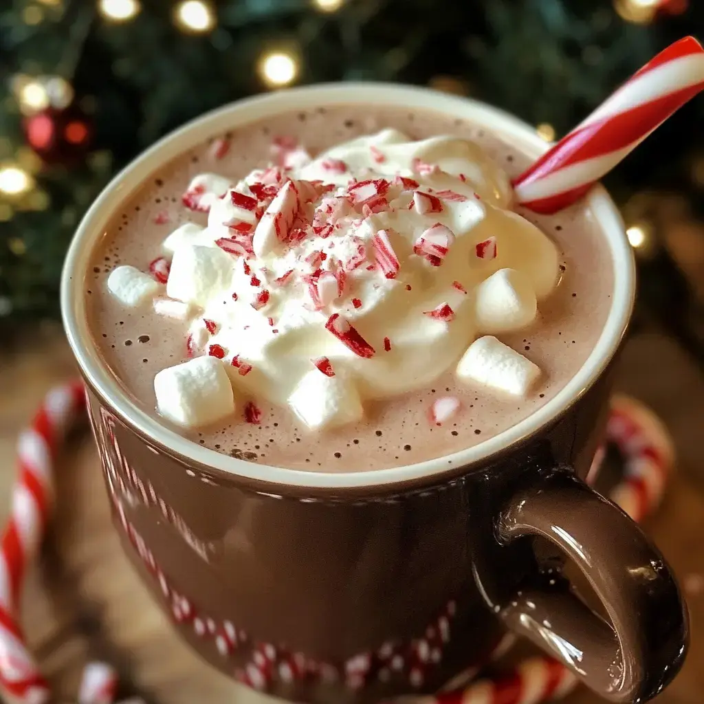 Un mug gourmand de chocolat chaud coiffé de chantilly, de morceaux de bonbons à la menthe et de guimauves, ambiance hivernale festive.