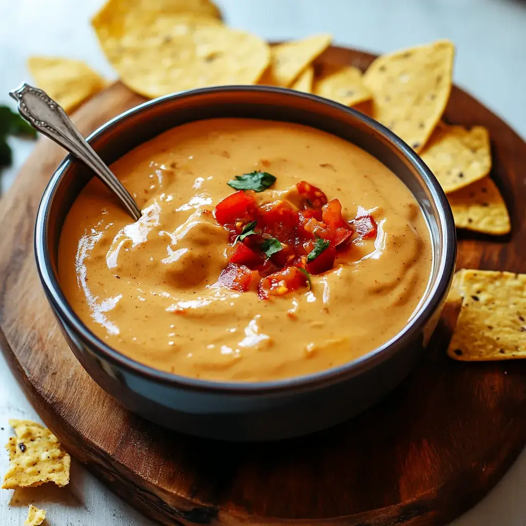 Un bol de trempette crémeuse garnie de tomates coupées et de coriandre, entouré de chips tortilla sur un plateau en bois.