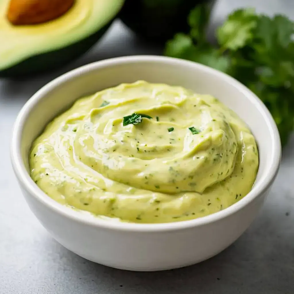 Une trempette verte crémeuse faite d'avocat et d'herbes est présentée dans un bol blanc, avec de la coriandre fraîche et un demi-avocat en arrière-plan.