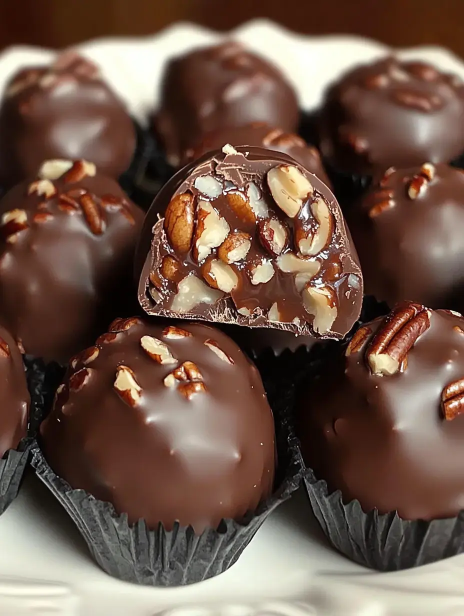 Gros plan sur des truffes brillantes au chocolat, décorées de noix concassées, une ouverte révèle un cœur fondant et croquant.