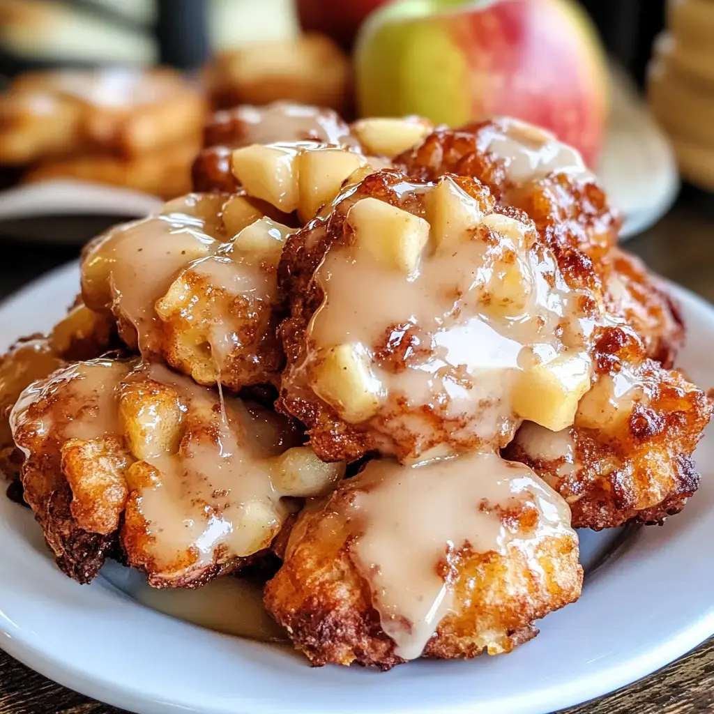 Des beignets aux pommes bien dorés nappés de glaçage crémeux avec des dés de pommes par dessus.